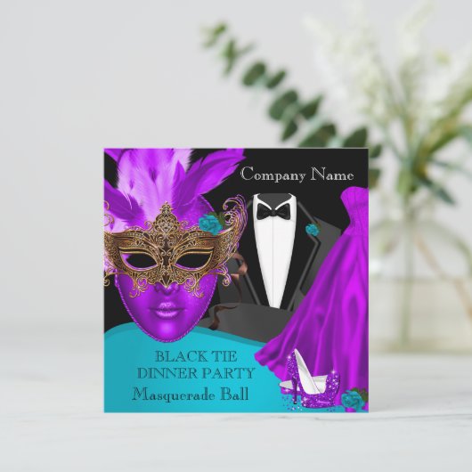 マスカレードボールパープルティール(緑がかった色)ブラックタイパーティー 招待状 (スタンド正面)
