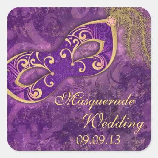 マスカレードボールマーディグラ結婚スの紫 スクエアシール (正面)
