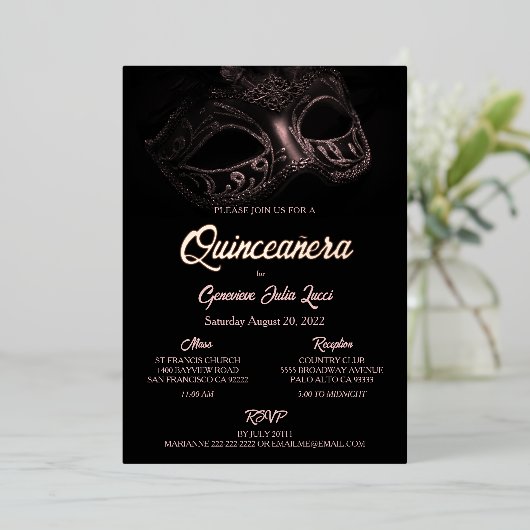 マスカレードボール　ホイル　キンセアニエラ　パーティー招待状 箔招待状 (立ち正面)