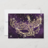 マスカレードマスクエレガントパープル金ゴールドグリッターRSVP 出欠カード (裏面)