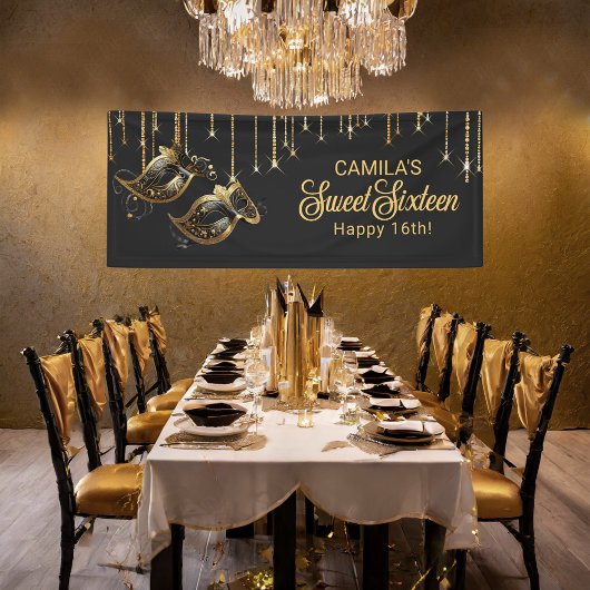 マスカレードマスクスウィート16ブラック金ゴールドID1032 横断幕