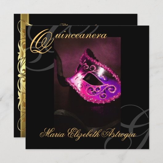 マスカレードマスクピンクキンセアニェラパーティの招待状 招待状 (正面/裏面)