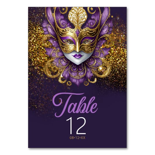 マスカレードマスクモチーフパープル金ゴールドID1031 テーブルナンバー (正面)