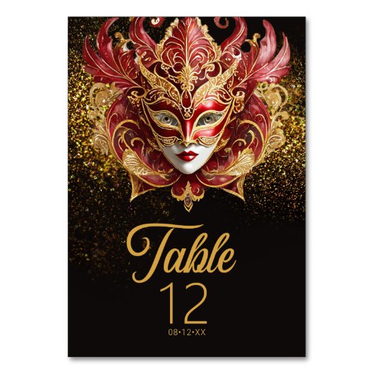 マスカレードマスクモチーフレッド金ゴールドID1031 テーブルナンバー (正面)