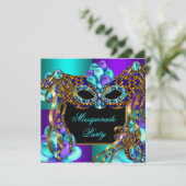 マスカレードマスク 紫 ティール ブルー 誕生日パーティー 招待状 (スタンド正面)