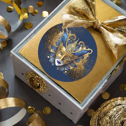 マスカレードマスクMotifブルー金ゴールドID1031 ラウンドシール