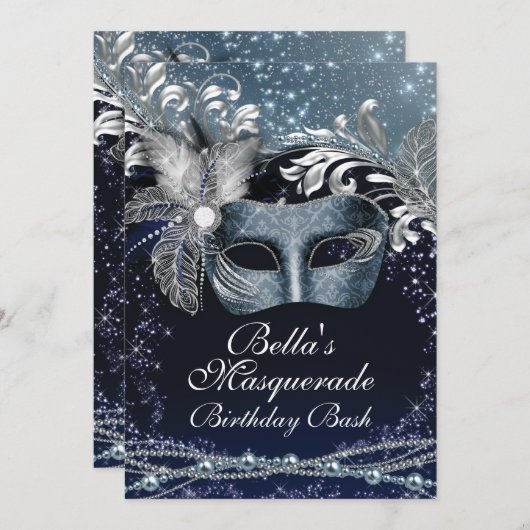 マスカレードマルディグラスバースデーパーティ招待状 招待状 (正面/裏面)