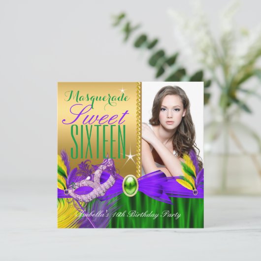 マスカレード甘い16パープルグリーン金ゴールドフェザーマスク 招待状 (スタンド正面)