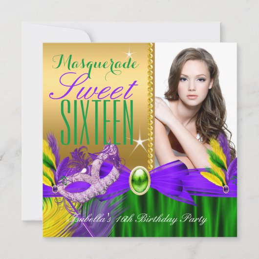 マスカレード甘い16パープルグリーン金ゴールドフェザーマスク 招待状 (正面)