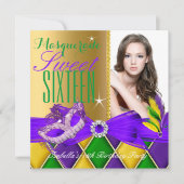 マスカレード甘い16パープルグリーン金ゴールド 招待状 (正面)