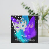 マスカレード甘い16パープルティール(緑がかった色)ブラックフェザーマスク 招待状 (スタンド正面)