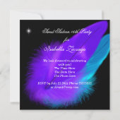 マスカレード甘い16パープルティール(緑がかった色)ブラックフェザーマスク 招待状 (裏面)