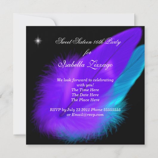 マスカレード甘い16パープルティール（緑がかった色）ブラックフェザーマスク 招待状 (裏面)