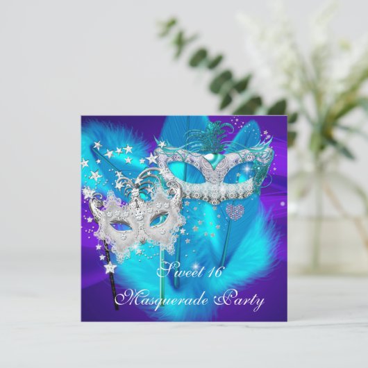 マスカレード甘い16パープルティール(緑がかった色)ブルーマスク 招待状 (スタンド正面)