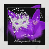 マスカレード甘い16パープルブラックフェザーマスク 招待状 (正面/裏面)