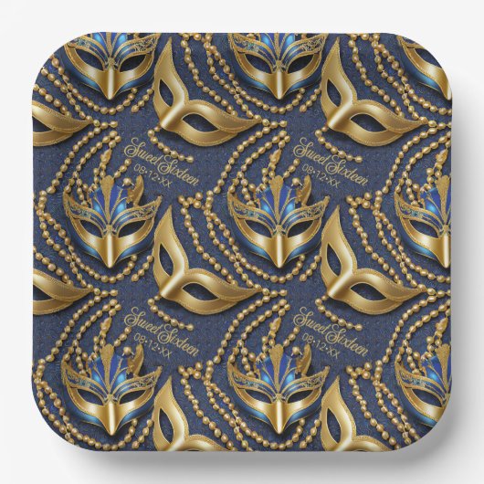 マスカレード甘い16ビーズマスク青ID1032 ペーパープレート (正面)