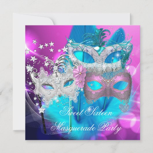 マスカレード甘い16ピンクパープルティール（緑がかった色）マスク 招待状 (正面)
