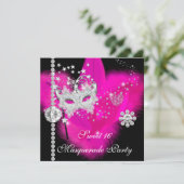 マスカレード甘い16ホットピンクブラックフェザーマスク 招待状 (スタンド正面)