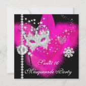 マスカレード甘い16ホットピンクブラックフェザーマスク 招待状 (正面)