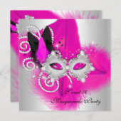 マスカレード甘い16ホットピンクブラックフェザーマスク 招待状 (正面/裏面)