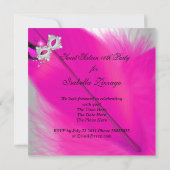 マスカレード甘い16ホットピンクブラックフェザーマスク 招待状 (裏面)