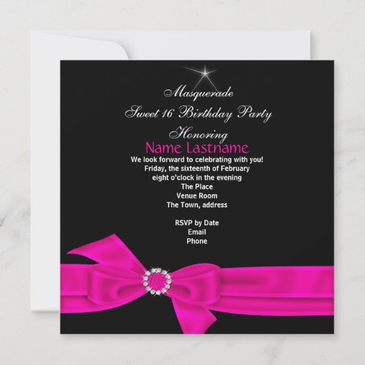 マスカレード甘い16 16ホットピンクマスクパーティー 招待状 (裏面)