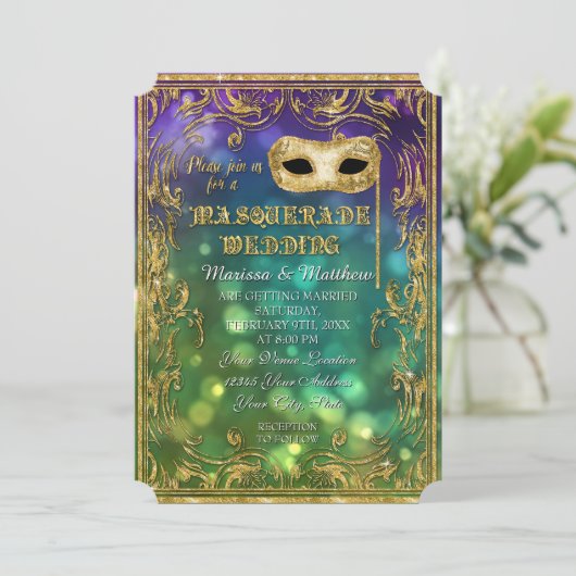 マスカレード結婚のアンティークヴィンテージマスク《写真》ぼけ味金ゴールド 招待状 (スタンド正面)