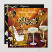 マスカレード誕生日金ゴールドスティレットシャンパーニュパーティー 招待状 (正面/裏面)