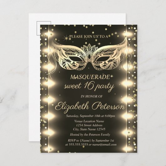 マスカレード金ゴールドダイヤモンドライトスウィート16 インビテーションポストカード (正面/裏面)