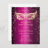 マスカレード金ゴールドダイヤモンド紫メタリックスイート16 インビテーションポストカード (正面/裏面)