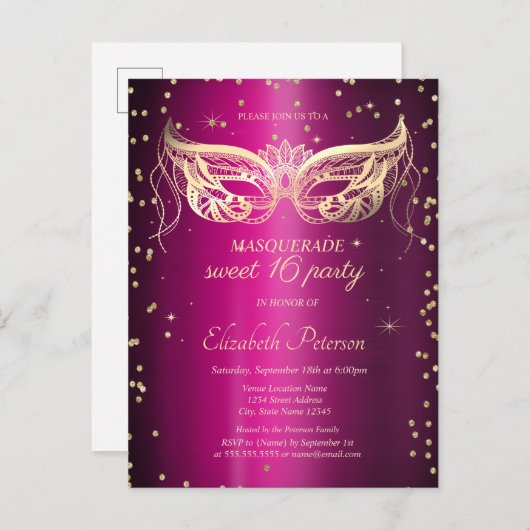 マスカレード金ゴールドダイヤモンド紫メタリックスイート16 インビテーションポストカード (正面/裏面)