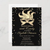 マスカレード金ゴールドダイヤモンド，マスクスウィート16 インビテーションポストカード (正面/裏面)