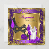 マスカレード金ゴールドパープルブラックグリッターハイヒール 招待状 (正面)