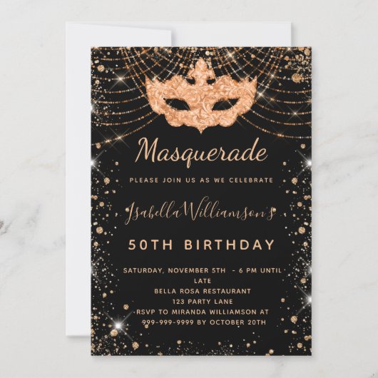 マスカレード黒い金ゴールドグリッターほこり誕生日パーティー 招待状 (正面)