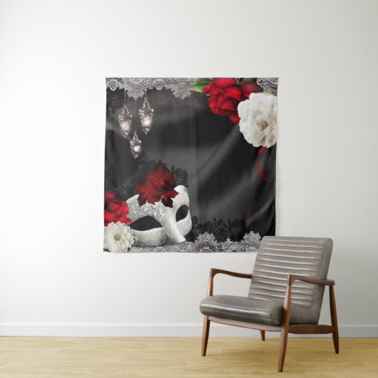 マスカレード黒の赤いエレガントフローラパーティー背景 タペストリー (インサイチュ)