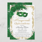マスカレード キンセアニエラ エメラルドグリーン 花飾り ゴールド 招待状 (正面/裏面)