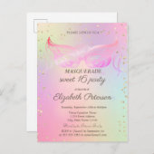 マスカレード ゴールド ダイヤモンド ホログラフィック スウィート 16 インビテーションポストカード (正面/裏面)