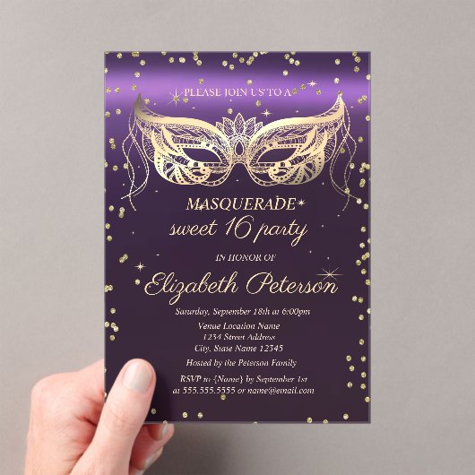 マスカレード ゴールド ダイヤモンド 紫のSweet 16  アクリル招待状 (インサイチュ (ポータブル))