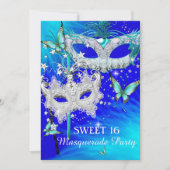マスカレード スイート16 ティール ブルー ダイヤモンド マスク 招待状 (正面)