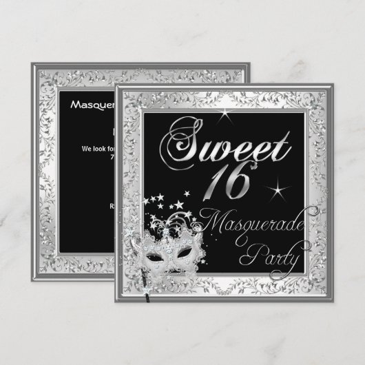 マスカレード スイート16 16歳の誕生日 黒と白 招待状 (正面/裏面)
