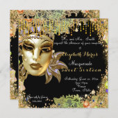 マスカレード、スウィート16、ゴールドグリッター刺繍 招待状 (正面/裏面)