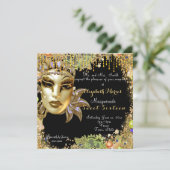 マスカレード、スウィート16、ゴールドグリッター刺繍 招待状 (スタンド正面)