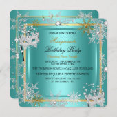 マスカレード ティール ブルー ゴールド スノーフレーク シルバー マスク 2 招待状 (正面/裏面)