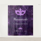 マスカレード パープル グリッター ダスト スウィート16 誕生日 タペストリー (正面)