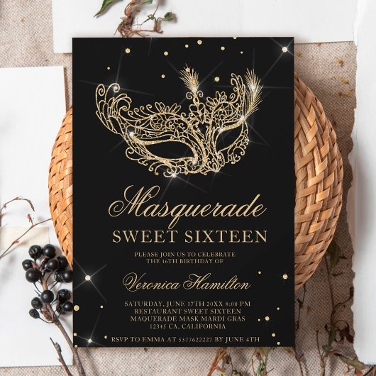 マスカレード ブラック ゴールド グリッター マスク スウィート16 招待状