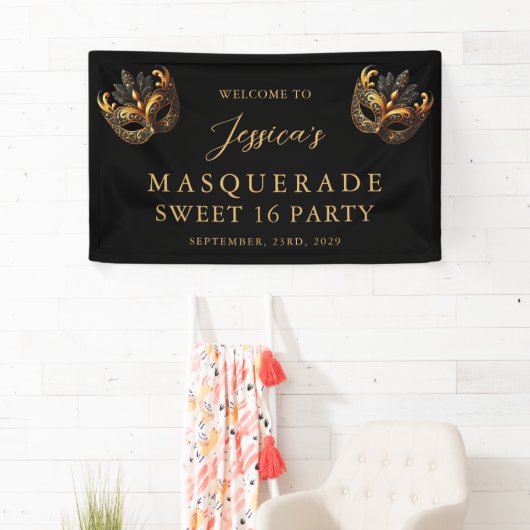 マスカレード ブラック ゴールド スウィート16 バースデー ウェルカム 横断幕 (インサイチュ)