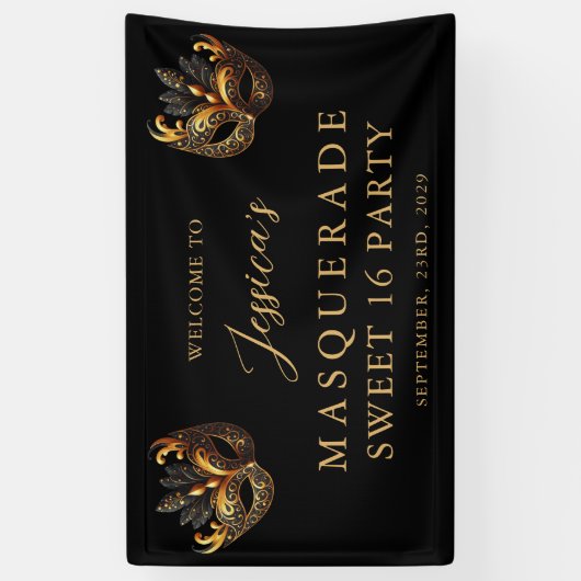 マスカレード ブラック ゴールド スウィート16 バースデー ウェルカム 横断幕 (縦)