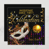 マスカレード ブラック ゴールド ダンス パーティー ディスコ ボール 招待状 (正面/裏面)