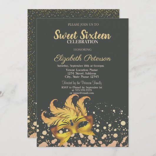 マスカレード，マスク，ドット，紙吹雪スウィート16 招待状 (正面/裏面)