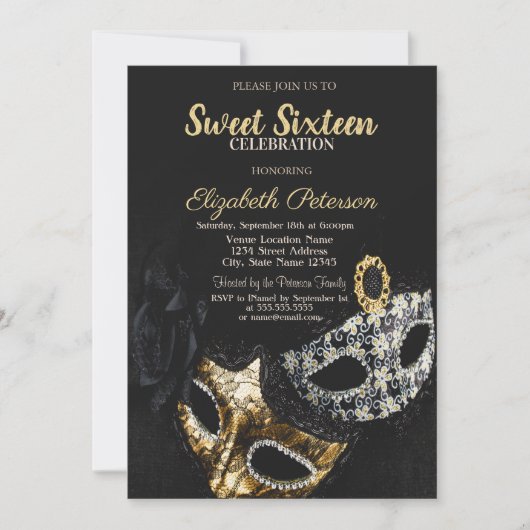 マスカレード,マスク,ブラック,紙吹雪スウィート16 招待状 (正面)